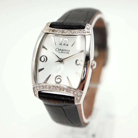 Caravelle by Bulova Silver Tone Watch 27mm Barrel Black Leather w New Battery - Picture 1 of 16